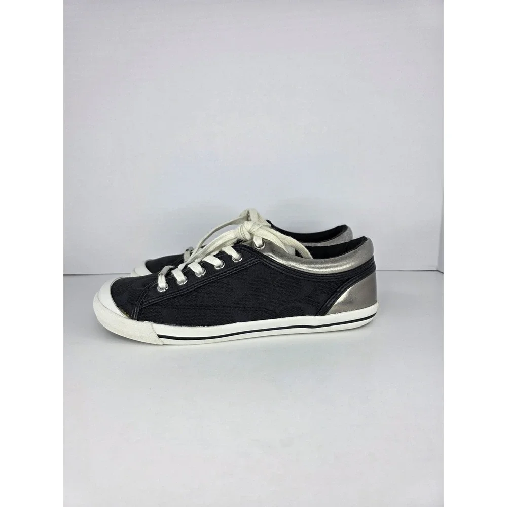 Coach Francesca Sneakers Womens 8B Black Canvas Signature C Silver Trim Classic